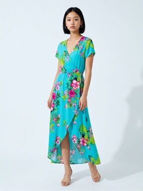 🌺 Tropical Floral Wrap Midi Dress